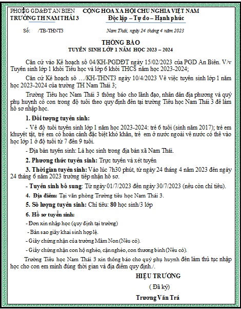 TUYỂN SINH LỚP 1 NĂM HỌC 2023-2024